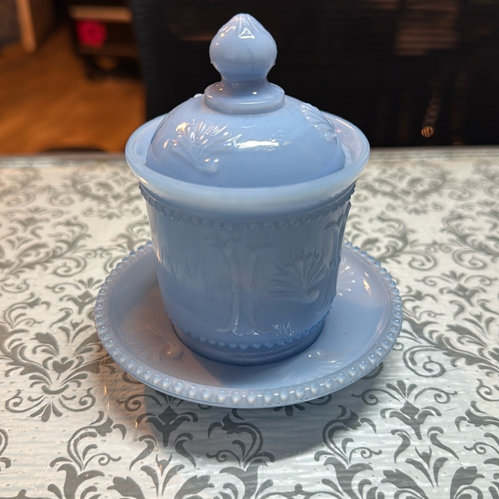 Antique Blue Slag Glass Mustard Lidded Jar
